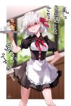  1girl alternate_costume apron bebe_pp black_dress blurry blurry_background breasts commentary_request dress enmaided fate/grand_order fate_(series) frills frown hair_ornament hair_ribbon highres holding holding_plate kama_(fate/grand_order) looking_at_viewer maid maid_apron maid_day maid_dress maid_headdress medium_breasts plate puffy_short_sleeves puffy_sleeves red_eyes red_ribbon ribbon short_hair short_sleeves signature teeth translation_request 