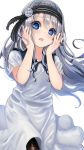  1girl absurdres bangs blue_eyes blush dress eyebrows_visible_through_hair grey_hair headband highres kaguya-sama_wa_kokurasetai_~tensai-tachi_no_renai_zunousen~ looking_at_viewer open_mouth r_(ryo) school_uniform shirogane_kei silver_hair simple_background summer_uniform white_background white_dress 