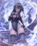  1girl :o absent azur_lane bandana black_hair black_legwear black_swimsuit breasts cleavage_cutout commentary_request covered_navel front_zipper_swimsuit highres iron_cross long_hair looking_at_viewer medium_breasts meme_attire multicolored_hair one-piece_swimsuit red_eyes solo standing streaked_hair submarine swimsuit thighhighs torpedo u-47_(azur_lane) watercraft white_hair 