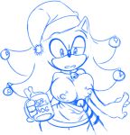  anthro bell bell_collar big_breasts blue_and_white breasts christmas clothing collar crossgender female hat headgear headwear holidays missphase monochrome nipples santa_hat solo sonic_the_hedgehog sonic_the_hedgehog_(series) 