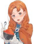  1girl annette_fantine_dominic blue_eyes bowl fire_emblem fire_emblem:_three_houses gloves highres holding holding_bowl holding_spoon niko_(aiai03012) open_mouth orange_hair simple_background solo spoon upper_body white_background white_gloves 