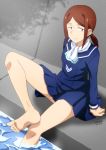  bare_legs barefoot brown_eyes brown_hair commentary_request houkago_teibou_nisshi kuroiwa_yuuki long_sleeves riverbank school_uniform short_ponytail soaking_feet tatsuya_(guild_plus) tree water 