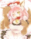  1girl alternate_costume animal_ear_fluff animal_ears apron artist_request bell bell_collar breasts cat_paws cleavage collar commentary commentary_request enmaided fate/grand_order fate_(series) fox_ears fox_girl fox_tail gloves hair_ribbon jingle_bell large_breasts long_hair maid maid_apron maid_day maid_dress maid_headdress one_eye_closed paw_gloves paws pink_hair ponytail red_ribbon ribbon tail tamamo_(fate)_(all) tamamo_cat_(fate) tongue white_apron yellow_eyes 