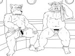  2016 4:3 anthro balls belly bodily_fluids canid canine canis censored domestic_dog duo erection genitals humanoid_genitalia humanoid_hands humanoid_penis kemono male male/male mammal monochrome moobs navel nipples oogamikennta overweight overweight_male penis sitting suid suina sus_(pig) sweat towel wild_boar 