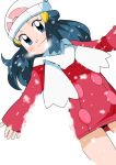  1girl barrette beanie blue_eyes blue_hair closed_mouth coat dress hainchu hair_ornament hat hikari_(pokemon) long_hair looking_at_viewer pokemon pokemon_(anime) pokemon_dppt_(anime) red_dress scarf skirt smile winter_clothes 