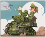  anthro belt bottomwear brown_hair canid canine canis clothed clothing digital_media_(artwork) domestic_dog duo female fur gumbo_(colo) hair hat headgear headwear male mammal military military_uniform misha_(colo) smile tank tyto-alba uniform vehicle 