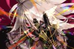  1boy blue_eyes collar eye_beam fate/apocrypha fate_(series) hand_on_own_face heterochromia jewelry karna_(fate) kdm_(ke_dama) male_focus portrait red_eyes spiked_collar spikes white_hair 