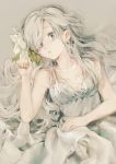  1girl absurdres awa_(12687414) bangs bed_sheet breasts cleavage dress earrings elizabeth_liones flower from_above grey_background grey_dress grey_eyes hair_flower hair_ornament highres jewelry long_hair lying nanatsu_no_taizai on_back parted_lips silver_hair sketch sleeveless sleeveless_dress small_breasts solo swept_bangs very_long_hair white_flower 