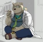  2020 absurd_res anthro belly blue_eyes bottomwear clothing eyewear footwear glasses hi_res humanoid_hands kemono leib_(tas) male mammal necktie overweight overweight_male pants polar_bear sandals shirt sitting smoking solo tokyo_afterschool_summoners topwear unagiga_hitotsu ursid ursine video_games 