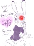 &lt;3 2020 3:4 anthro clothed clothing disney english_text female food fully_clothed fur grey_body grey_fur halu3xyz hi_res holding_food holding_object japanese_text judy_hopps lagomorph leporid looking_at_viewer mammal one_eye_obstructed pawpsicle popsicle purple_eyes rabbit simple_background solo text tongue tongue_out white_background zootopia 