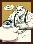  ... 2019 anthro black_nose blush canid canine canis clothing domestic_dog english_text food hi_res humanoid_hands kemono kumamikan male mammal necktie overweight overweight_male shirt simple_background solo text topwear 