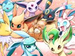  :3 :d ayo_(ayosanri009) brown_eyes closed_eyes closed_mouth commentary_request creature eevee espeon facing_viewer fangs flareon gen_1_pokemon gen_2_pokemon gen_4_pokemon gen_6_pokemon glaceon green_eyes happy jolteon leafeon looking_at_viewer no_humans open_mouth pink_background pokemon pokemon_(creature) purple_eyes smile sylveon umbreon vaporeon 