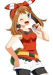  1girl ;d absurdres bike_shorts black_shorts blue_eyes blush bow breasts brown_hair collarbone cowboy_shot floating_hair hair_bow hairband haruka_(pokemon) highres holding holding_poke_ball long_hair looking_at_viewer one_eye_closed open_mouth poke_ball pokemon pokemon_(game) pokemon_oras red_bow red_hairband red_shirt shiny shiny_hair shirt short_shorts shorts shorts_under_shorts simple_background sleeveless sleeveless_shirt small_breasts smile solo standing striped striped_bow twintails white_background white_shorts yuihiko 