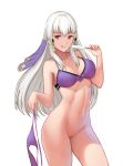  1girl :q bangs bikini bikini_bottom_removed blush breasts censored closed_mouth collarbone dakkalot fire_emblem fire_emblem:_three_houses food hair_between_eyes hair_ornament holding holding_bikini_bottom large_breasts lips long_hair lysithea_von_ordelia mosaic_censoring navel popsicle purple_bikini pussy side-tie_bikini simple_background smile solo standing swimsuit thighs tongue tongue_out white_background white_hair 