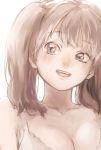  1girl :d awa_(12687414) bangs blue_eyes bra breasts brown_hair cleavage collarbone diane_(nanatsu_no_taizai) eyebrows_visible_through_hair long_hair medium_breasts nanatsu_no_taizai open_mouth simple_background sketch smile solo twintails underwear upper_body white_background white_bra 