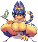  2020 5_fingers accessory animal_crossing ankha_(animal_crossing) anthro armwear big_breasts biped black_eyeliner black_nose blonde_hair blue_body blue_fur blue_hair blush bodily_fluids breasts bulge cleavage clothed clothing crouching drooling duo english_text eyelashes eyeliner fangs felid female female_focus fingers fur gesture hair hair_accessory hi_res holding_object humanoid_hands legwear long_ears long_tail looking_at_another looking_at_viewer makeup male male/female mammal mask multicolored_body multicolored_fur navel nintendo open_mouth open_smile pinky_out pseudo_clothing purple_eyes rabbitbrush saliva signature simple_background smile smug striped_body striped_fur striped_hair striped_tail stripes sweat text thick_thighs two_tone_body two_tone_fur two_tone_tail video_games white_background wide_hips wrappings yellow_body yellow_fur 
