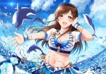  1girl :d animal arm_up bangs bikini bikini_top blue_skirt blue_sky blush bracelet breasts brown_eyes brown_hair cleavage cloud cropped_jacket dolphin eyebrows_visible_through_hair gen_(enji) highres idolmaster idolmaster_cinderella_girls jewelry long_hair looking_at_viewer microphone navel necklace nitta_minami ocean open_mouth outdoors pins pleated_skirt short_sleeves side-tie_bikini signature skirt sky smile splashing sun swimsuit water water_drop wristband 