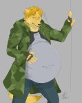  allietheweirdkid anthro bottomwear camo_pattern canid canine canis clothing fingerless_gloves gloves handwear jacket male male_pregnancy mammal pants pregnant shirt solo standing topwear wolf 