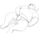  2020 4:3 anthro bulge clothing eyes_closed hi_res humanoid_hands kemono lying male mammal monochrome overweight overweight_male pillow shirt simple_background sleeping solo tail_person topwear underwear ursid white_background 