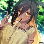  1girl ? animal_ears black_hair blonde_hair bracelet breasts brown_eyes bubble_tea bubble_tea_challenge cup dairoku_youhei dark_skin day disposable_cup drinking drinking_straw facial_mark hair_between_eyes hair_ornament hand_up jewelry l_(matador) long_hair looking_at_viewer multicolored_hair necklace outdoors pose shirt solo tree two-tone_hair upper_body 