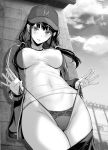  1girl baseball_cap blush breasts cameltoe cloud cloudy_sky commentary covered_navel covered_nipples cowboy_shot eyebrows_visible_through_hair gentsuki greyscale groin hat highres jacket large_breasts long_hair looking_at_viewer monochrome open_clothes open_jacket original outdoors panties shirt side-tie_panties sky smile solo speech_bubble strap_pull thighs twintails underwear wall 