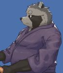  2020 7gaku_7 anthro belly blue_background brown_body brown_fur canid canine clothing fur hi_res humanoid_hands kemono male mammal overweight overweight_male raccoon_dog robe simple_background solo tanuki 