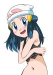  1girl barrette beanie blue_eyes blue_hair hainchu hair_ornament hat highres hikari_(pokemon) long_hair looking_at_viewer navel open_mouth pokemon pokemon_(anime) pokemon_dppt_(anime) simple_background solo white_background 