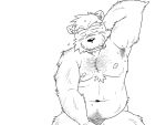  2016 4:3 anthro armpit_hair belly blush bodily_fluids body_hair kemono male mammal monochrome moobs navel nipples oogamikennta overweight overweight_male pubes simple_background solo sweat ursid white_background 