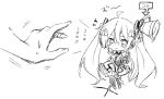  1girl ahoge bow bowtie chibi commentary dress frilled_dress frills hatsune_miku headphones holding_microphone_stand layered_dress long_hair magical_mirai_(vocaloid) megaphone microphone_stand out_of_frame pout sketch sudachi_(calendar) sweat translated twintails v-shaped_eyebrows very_long_hair vocaloid 