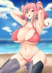  1girl :p absurdres armpits arms_behind_head azur_lane bangs bare_shoulders beach bikini blue_sky blush breasts bremerton_(azur_lane) cleavage cloud collarbone commentary_request cowboy_shot day earrings egoha. eyebrows_visible_through_hair green_hair grey_legwear groin hair_between_eyes hair_intakes hair_ornament heart heart_earrings highres huge_breasts huge_filesize jewelry large_breasts long_hair looking_at_viewer midriff mole mole_on_breast mole_under_eye multicolored_hair navel navel_piercing no_pants no_shirt no_shoes ocean outdoors piercing pink_bikini pink_eyes pink_hair sand shadow side-tie_bikini sidelocks sky solo squatting streaked_hair swimsuit thighhighs tongue tongue_out twintails two-tone_hair two-tone_legwear underboob 