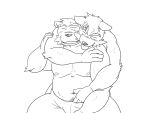  2016 4:3 anthro anthro_on_anthro belly canid canine canis domestic_dog duo hug hugging_from_behind humanoid_hands kemono male male/male mammal monochrome moobs navel nipples oogamikennta overweight overweight_male simple_background tongue tongue_out ursid white_background 
