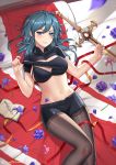  1girl artist_name bangs bed_sheet black_bra black_legwear black_panties black_shorts blue_eyes blue_hair blue_nails blush book bra breasts byleth_(fire_emblem) byleth_(fire_emblem)_(female) chungmechanic cleavage cleavage_cutout closed_mouth clothes_lift crop_top feathers feet_out_of_frame fire_emblem fire_emblem:_three_houses flower from_above highres knee_up lace lace-trimmed_bra lace-trimmed_panties large_breasts legwear_under_shorts lifted_by_self long_hair looking_at_viewer lying nail_polish on_back on_bed open_book panties pantyhose petals pillow pink_lips purple_flower purple_rose rose rose_petals short_shorts short_sleeves shorts smile solo sword_of_the_creator thighband_pantyhose underwear 