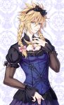  1boy absurdres aqua_eyes bangs blonde_hair bow braid brooch cloud_strife commentary_request crossdressing dress earrings final_fantasy final_fantasy_vii final_fantasy_vii_remake frilled_sleeves frills furofuki_daikon hair_between_eyes hair_bow highres jewelry looking_at_viewer male_focus nail_polish pink_nails solo spiked_hair twin_braids wide_sleeves 