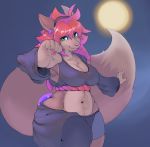  5_fingers absurd_res anthro bottomwear breasts canid canine clothed clothing dipstick_tail female fingers fur green_eyes hair hi_res iris looking_at_viewer mammal midriff moon multicolored_tail peachpunch11 pupils red_hair smile solo topwear 