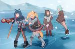  5girls absurdres animal_ears arknights bear_ears commentary dancing haqlue highres ice_skates ice_skating istina_(arknights) mountain multiple_girls projekt_red_(arknights) school_uniform skates skating skating_rink snowing sora_(arknights) sword tail texas_(arknights) weapon wolf_ears wolf_tail zima_(arknights) 