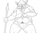  2016 4:3 anthro belly blush bodily_fluids bulge clothed clothing humanoid_hands kemono male mammal monochrome navel oogamikennta open_shirt overweight overweight_male pubes shirt simple_background solo suid suina sus_(pig) sweat topwear underwear weapon wild_boar 