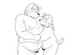  2016 4:3 anthro balls belly blush bodily_fluids canid canine canis censored domestic_dog duo flaccid genitals hug humanoid_genitalia humanoid_hands humanoid_penis kemono male male/male mammal monochrome moobs navel nipples oogamikennta overweight overweight_male penis simple_background small_penis sweat white_background 