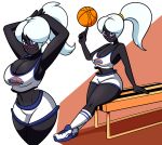  2018 alien alien_humanoid basketball basketball_uniform bench big_breasts breasts cleavage clothed clothing crossover duck_dodgers eyeshadow female footwear hair hi_res humanoid legwear makeup martian not_furry ponytail queen_tyr&#039;ahnee shoes sneakers socks solo space_jam sportswear superspoe uniform warner_brothers white_hair 