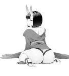  ass bangs bare_shoulders bob_cut closed_mouth eyebrows_visible_through_hair eyeliner fate/grand_order fate_(series) from_behind full_body greyscale headpiece highres looking_at_viewer looking_back makeup monochrome off_shoulder oni_horns shiromako short_hair shuten_douji_(fate/grand_order) sitting skin-covered_horns soles wariza 