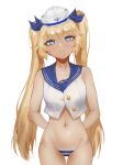  1girl absurdres arms_behind_back blonde_hair blue_eyes blush breasts hair_ribbon hat highres hsd last_origin long_hair looking_at_viewer mh-4_thetis navel panties parted_lips ribbon sailor_collar sailor_hat simple_background small_breasts smile solo striped striped_panties twintails underwear white_background 