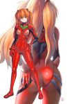  1girl ass ass_visible_through_thighs bangs blue_eyes blush bodysuit breasts closed_mouth commentary_request eyebrows_visible_through_hair finalcake full_body gloves hair_between_eyes hair_ornament hand_on_hip highres long_hair looking_at_viewer multiple_views neon_genesis_evangelion number orange_hair plugsuit red_bodysuit red_gloves signature simple_background skin_tight small_breasts smile souryuu_asuka_langley standing two_side_up white_background 