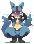  ambiguous_gender anthro begging begging_pose blush bodily_fluids bone bone_in_mouth crouching dagasi embarrassed featureless_crotch hi_res looking_away lucario nintendo pok&eacute;mon pok&eacute;mon_(species) pose red_eyes simple_background solo solo_focus sweat tailwag tears video_games white_background 