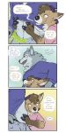  anthro belly belly_rub blush canid canine canis cervid clothing comic english_text fluffy greeting hat headgear headwear hi_res josiah_(themuffinly) male male/male mammal midriff samuel_(themuffinly) text themuffinly wolf 
