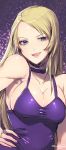  1girl bangs blonde_hair blue_eyes bonne_jenet breasts choker dress hand_on_hip highres mark_of_the_wolves murata_tefu open_mouth parted_bangs purple_dress upper_body 