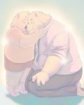  2020 anthro ararikku belly bodily_fluids bottomwear clothing crying cute_fangs duo eyes_closed hi_res kemono male mammal necktie overweight overweight_male pants shirt shorts tears topwear ursid 