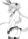  1boy ass astolfo_(fate) astolfo_(saber)_(fate) back bangs bare_shoulders bikini_lift blush bow bowtie bunny_tail crop_top fate/apocrypha fate/grand_order fate_(series) gloves greyscale hair_bow hair_intakes hair_ribbon long_hair looking_at_viewer looking_back low_twintails monochrome moopiekun multicolored_hair nipples otoko_no_ko panties ribbon simple_background skirt solo streaked_hair sweat tail thighhighs twintails underwear white_background wing_collar 