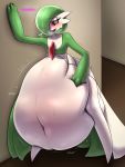  2018 belly big_belly blush drpolice female gardevoir green_hair hair hand_on_stomach hi_res humanoid hyper hyper_belly inside navel nintendo onomatopoeia overweight pok&eacute;mon pok&eacute;mon_(species) red_eyes simple_background sound_effects text video_games vore white_body 