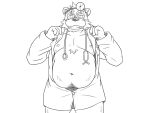  2016 4:3 anthro balls barely_visible_balls barely_visible_genitalia belly blush clothed clothing doctor eyewear genitals glasses humanoid_hands kemono male mammal monochrome moobs navel nipples oogamikennta open_shirt overweight overweight_male shirt simple_background solo topwear ursid white_background 
