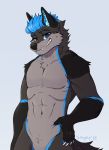  anthro blue_eyes blue_hair blue_pawpads canid canine canis fox fur gloves_(marking) grey_body grey_fur hair hi_res hybrid looking_at_viewer male mammal markings nimbus pawpads simple_background smpy solo standing wolf 