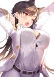  1girl absurdres animal_ears arm_up atago_(azur_lane) azur_lane bangs belt black_belt black_bra black_hair blush bra breasts brown_eyes denchu_(kazudentyu) extra_ears eyebrows_visible_through_hair hair_ornament hair_ribbon highres jacket large_breasts long_hair military military_jacket military_uniform mole mole_under_eye naval_uniform one_eye_closed open_clothes open_jacket ribbon see-through shirt simple_background skirt solo underwear uniform white_background white_ribbon white_shirt white_skirt yawning 